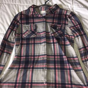 Blue, pink, and grey flannel.